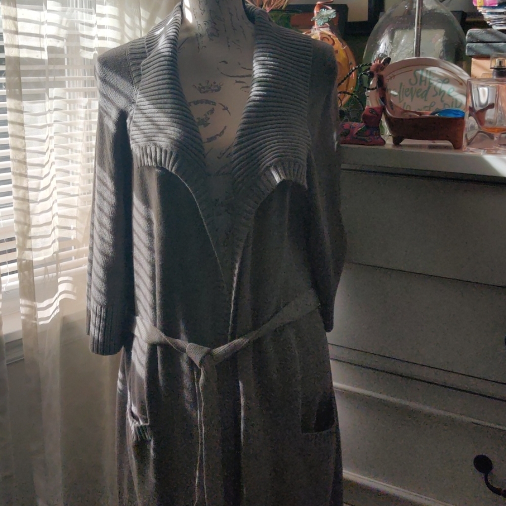 Elle gray belted 3/4 sleeve cardigan sweater